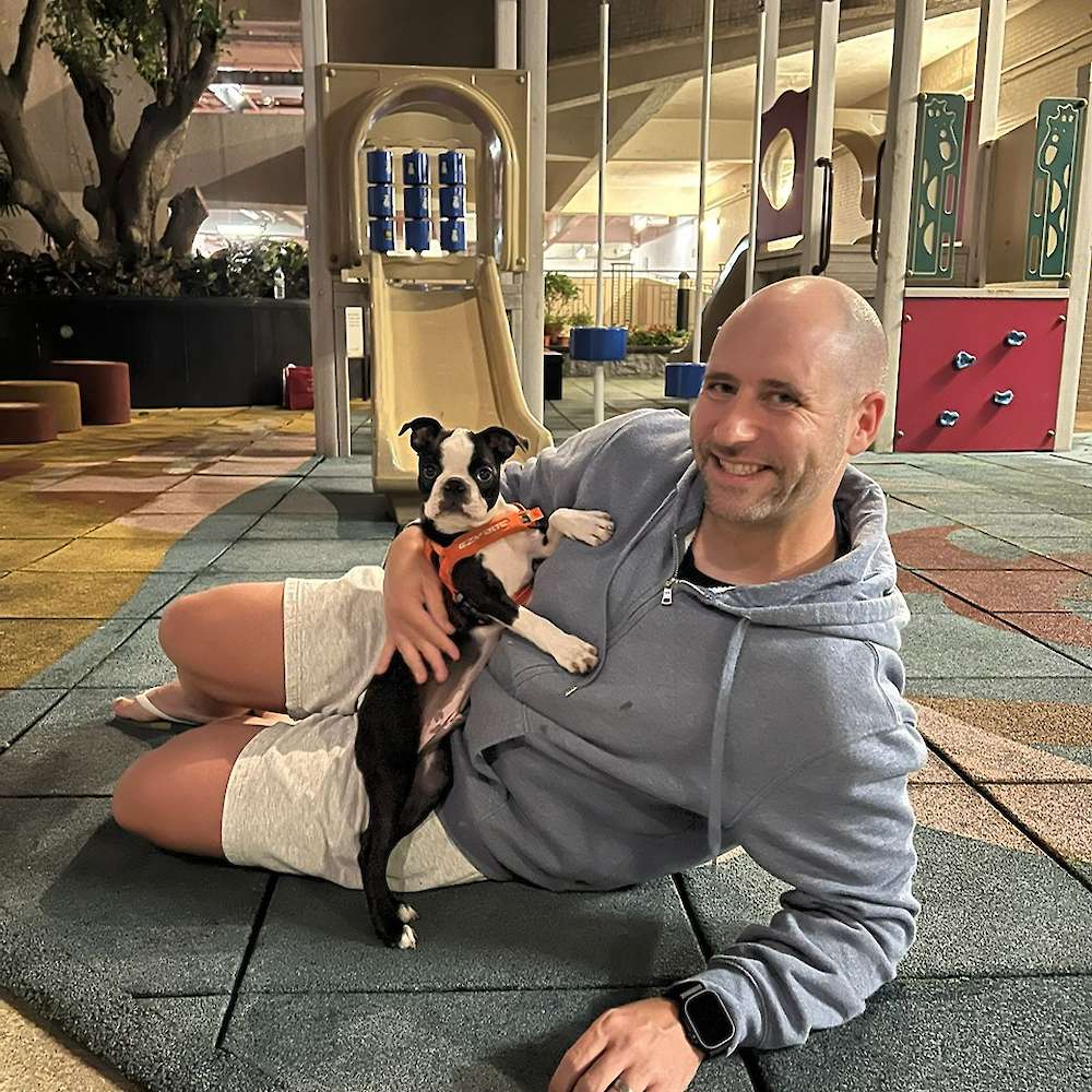 Estiaan and Ozzy unwinding after the big journey to his new home